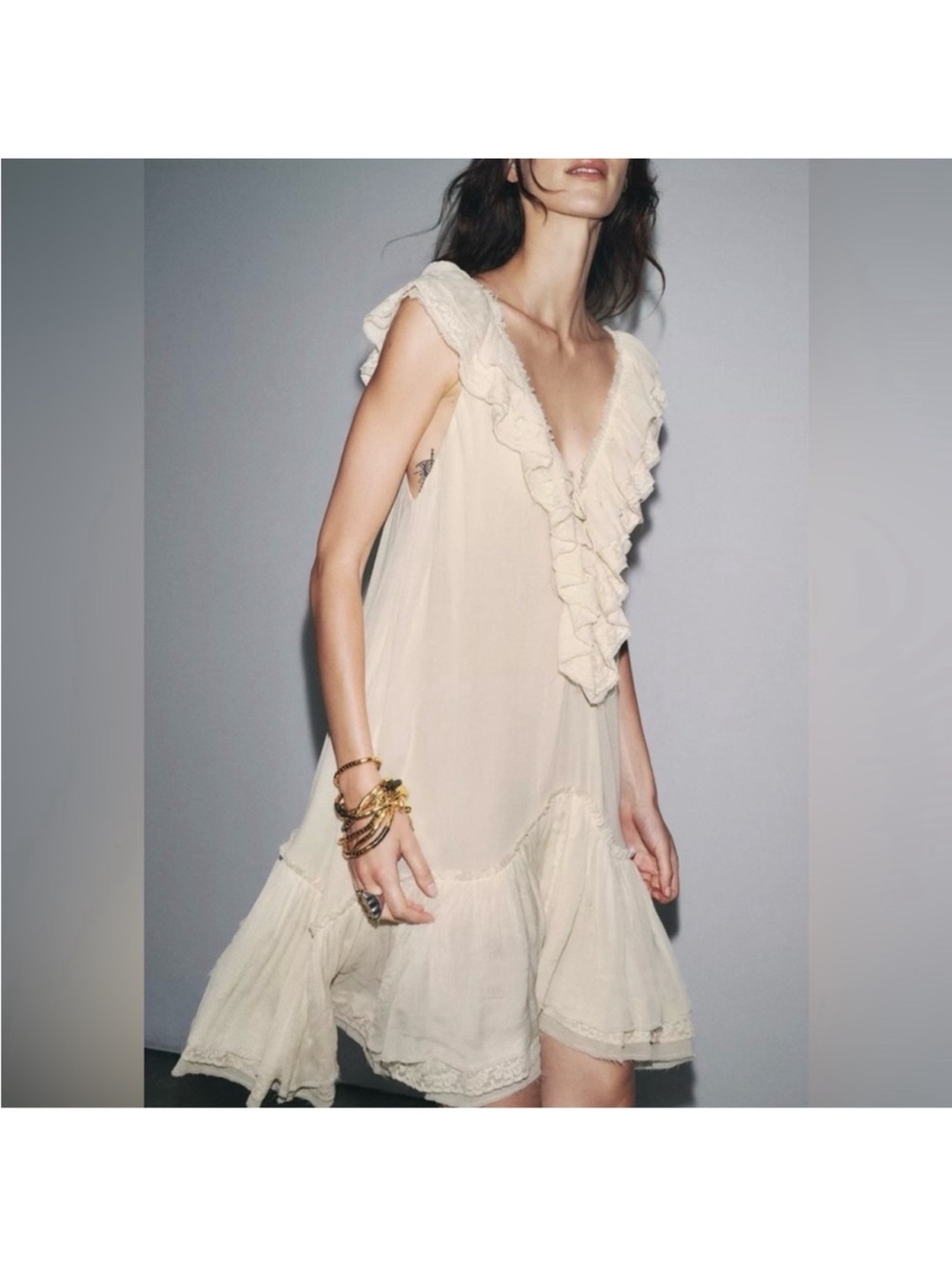 Zara Cream Ecru Ruffled Lace V-Neck Mini Dress, Size XL